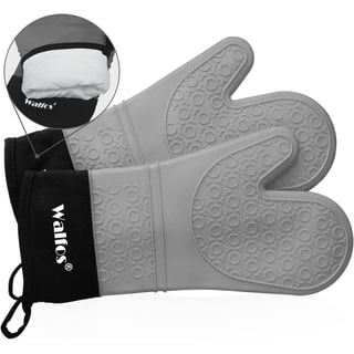 Walfos Oven Mitts, Heat Resistant Silicone Oven Gloves, Extra Long Non-Slip Silicone and Soft Internal Cotton Lining, Flexible and Waterproof - Great for Cooking, Baking and Grilling (Gray)