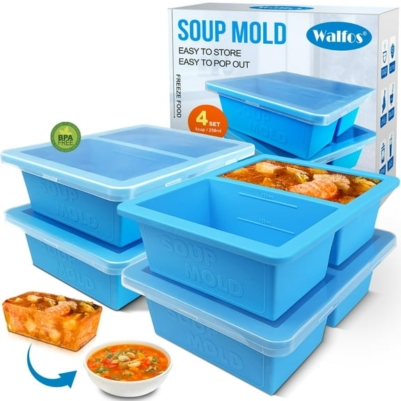 Walfos 1-Cup Silicone Freezer Molds with Lid, 4 Packs Soup Freezer Ice Cube Tray For Food, Silicone Food Freezing Container For Storing and Freezing Soup, Broth, Sauce and Ice