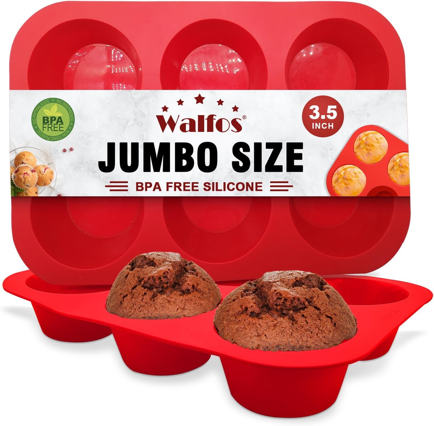 Walfos Silicone Texas Muffin Pan Set- 6 Cup Jumbo Silicone Cupcake Pan, Non-Stick Silicone, Just PoP Out! Perfect for Egg Muffin, Big Cupcake - BPA Free and Dishwasher Safe, Set of 2