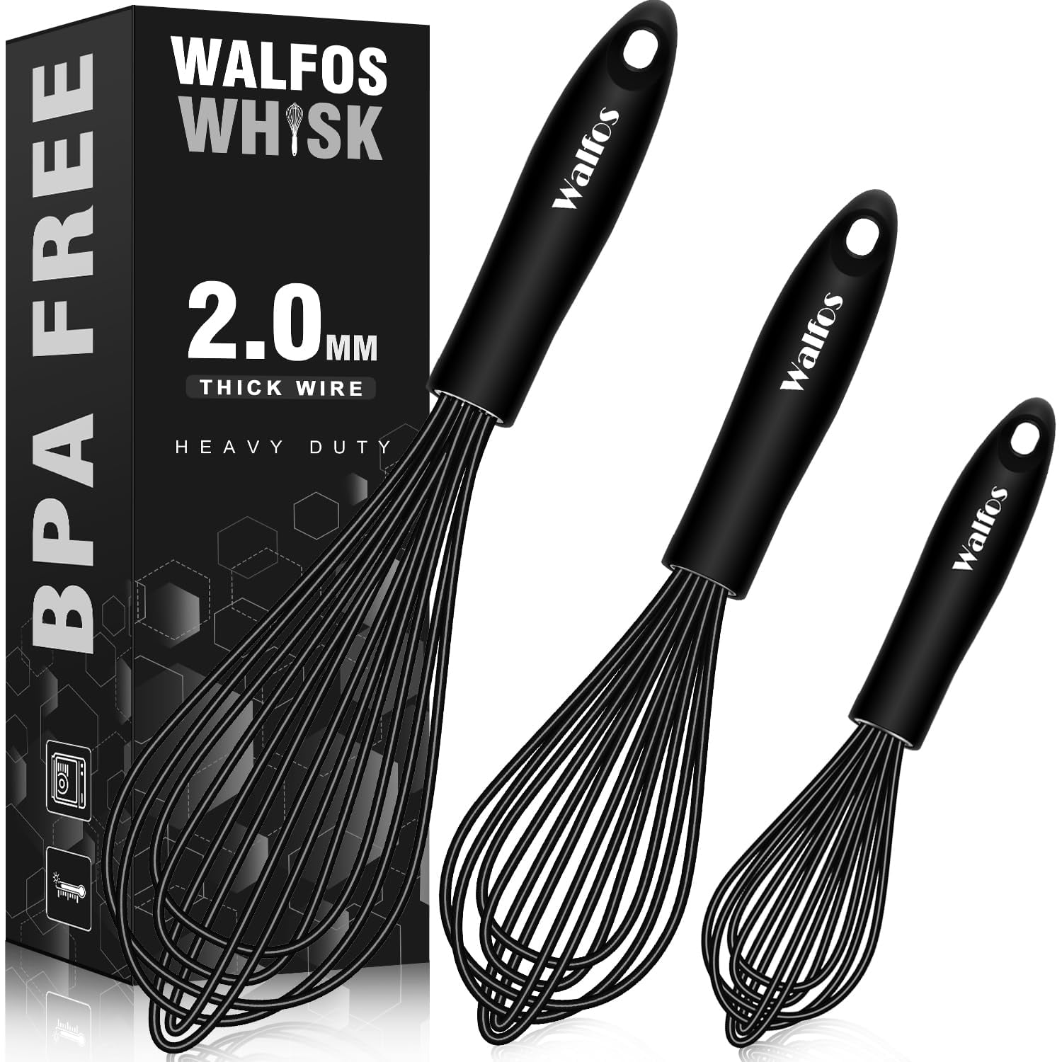 Walfos Silicone Whisk, Stainless Steel Wire Whisk Set of 3 Heat