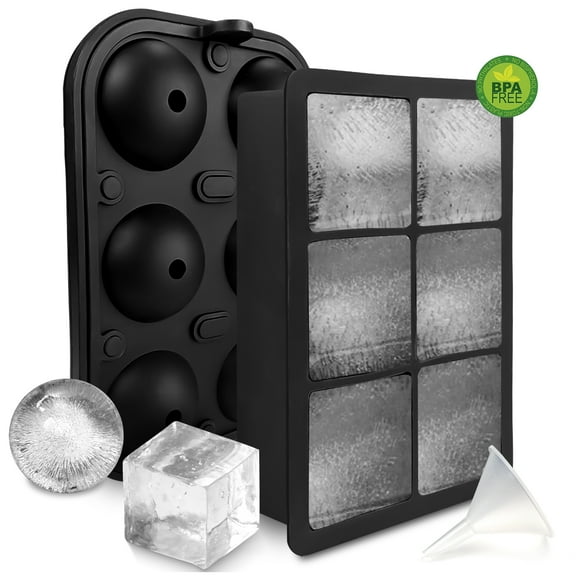 Walfos Sphere Ice Mold Tray & Large Square Ice Cube Tray - Ice Sphere Maker - Big Silicone Ice Cube Molds for Whiskey, Cocktails, Bourbon -Easy Release & Food Grade, Set of 2