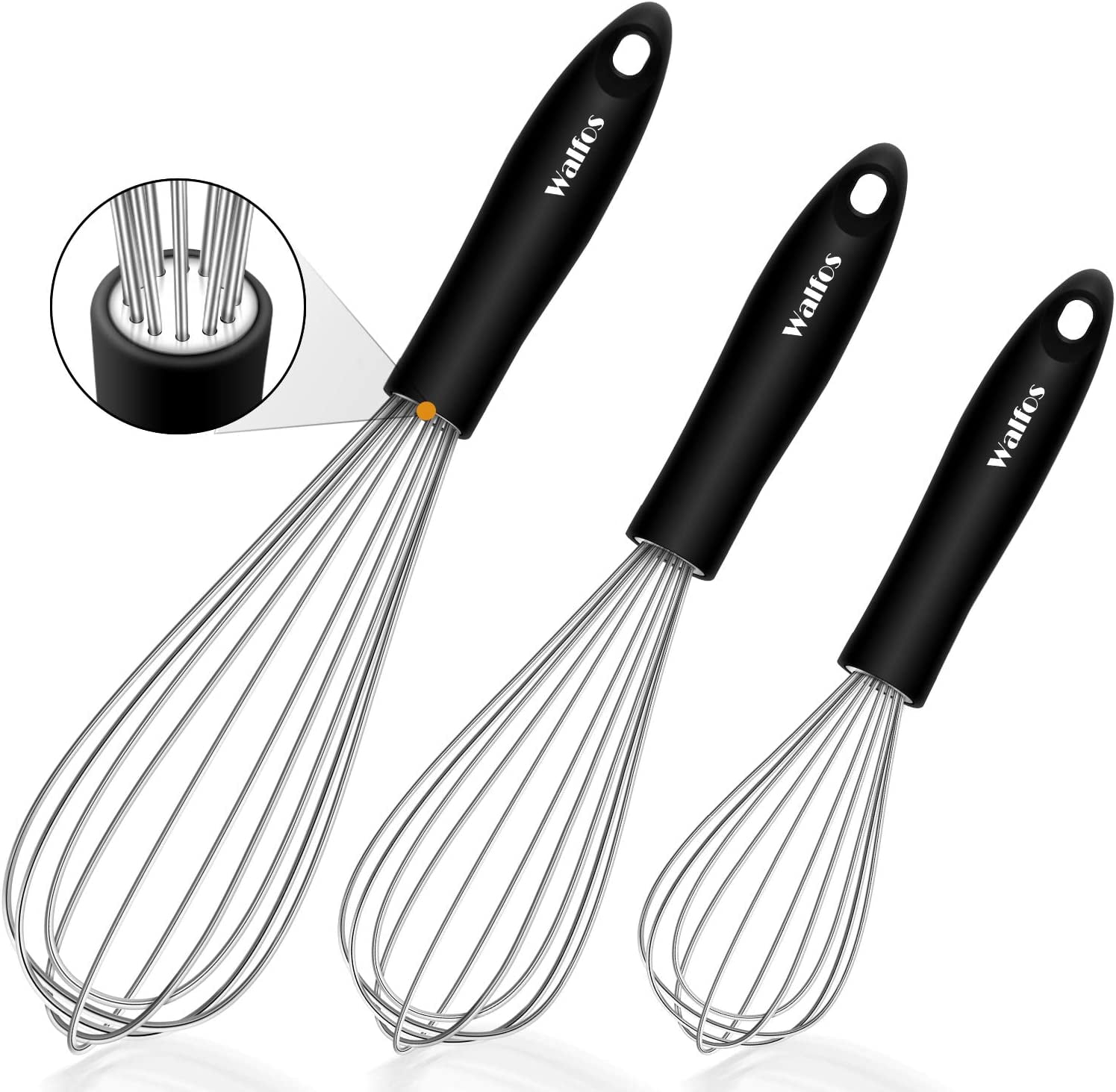 Walfos Stainless Steel Wire Whisk Set 3 Packs Balloon Whisk, Thick