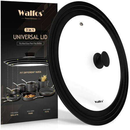 Walfos Universal Pan Lid - Pot Lid for Pots, Pans and Skillets, with Unique Enlarged Heat Resistant Silicone Rim and Tempered Glass, Fits 9.5",10"to 11" Diameter Cookware, BPA Free (1 Piece)