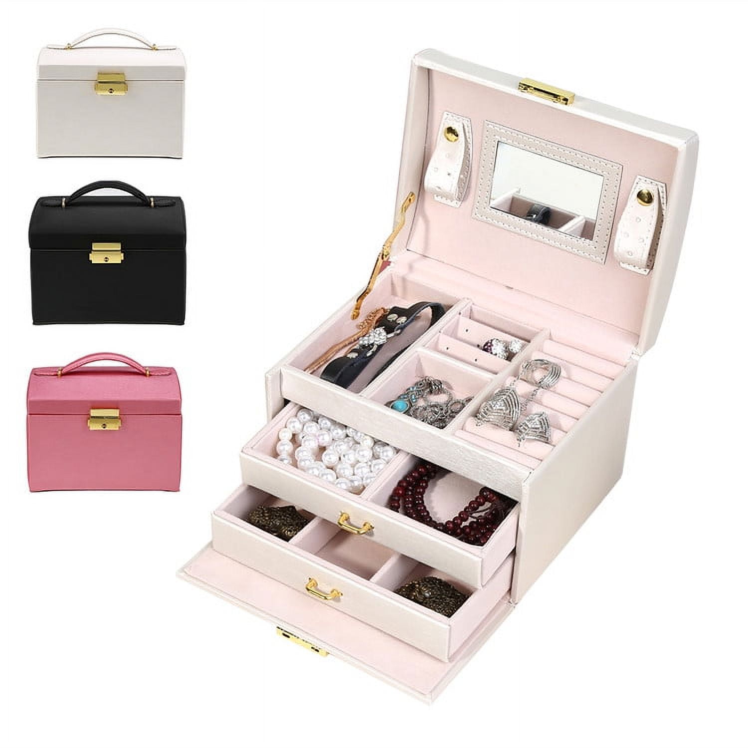Walfront 3-Layer Girls Leather Jewelry Box And Jewelry Organizer Watch Storage Lockable Jewelry Organizer Mirrored Storage Case for Women, Beige