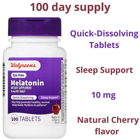 Walgreens Melatonin Quick-Dissolving Tablets 10mg Natural Cherry 100 Tablets