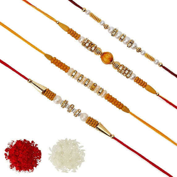 Walgrow Assorted Design Colorful Pearl Rakhi with Roli and Chawal (Pack of 4, Multi)