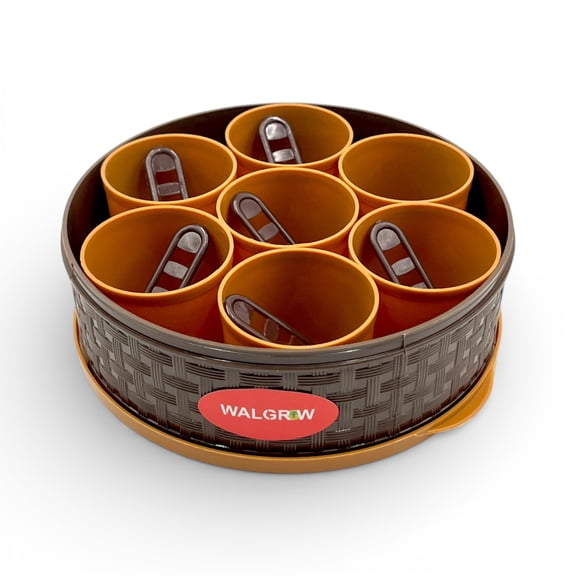 Walgrow Rotaro 7 Spice Organizer with 7 Removable Cups and 7 Spoons, Round Masala Storage Box with Lid, 0.74L Capacity