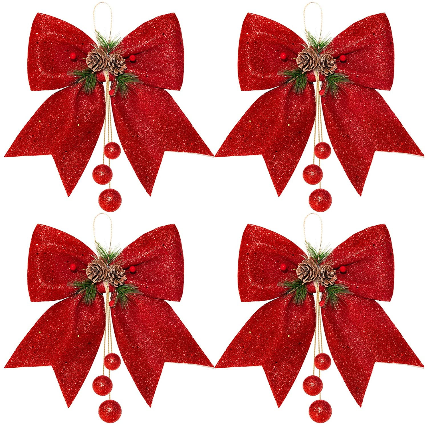 Waline 4pcs Christmas Red Wreaths Bows - 9.8 x 11.8in Glitter Sequin Bows Ties for Xmas Decoration