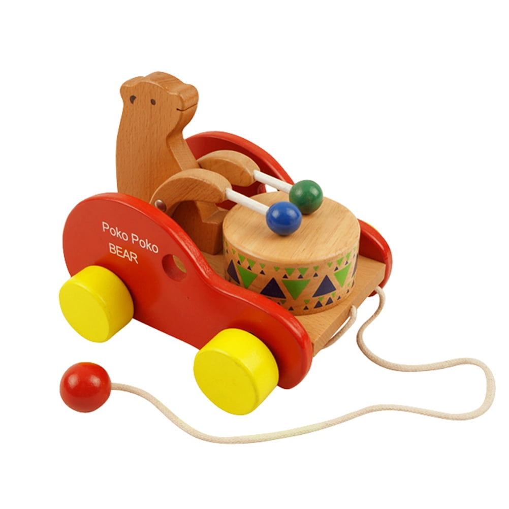 Walk A Long Bear Wooden Pull Toy Wood Car Children Toddler Toys (Drum
