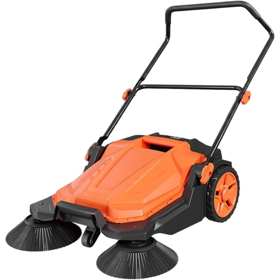 Walk-Behind Hand Push Floor Sweeper, 25.6 in Sweeping Width Manual Non-Electric, 5-Gallon Waste Container, Adjustable Folding Handle for Garage, Workshop, Driveway, Patio