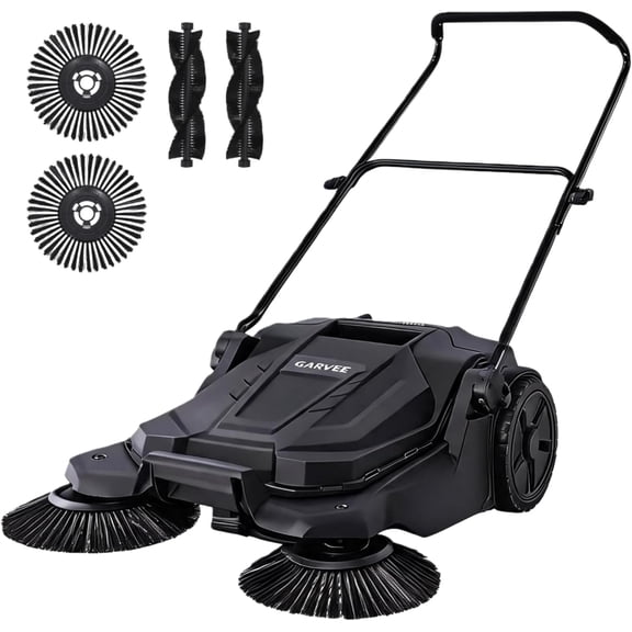 Walk-Behind Hand Push Floor Sweeper, 25.6 in Sweeping Width Manual Non-Electric, 5-Gallon Waste Container, Adjustable Folding Handle for Garage, Workshop, Driveway, Patio