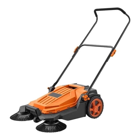 25.6 Inch Manual Walk-Behind Floor Sweeper Orange 5 Gallon Waste Bin Adjustable Folding Handle for Patio Garage Yard Walkway