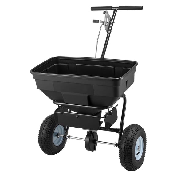 Walk Behind Spreader 12ft Spreading Width 130lbs Capacity Hopper Adjustable Flow Control 13 Inch All Terrain Tires for Fertilizer Seed Ice Melt