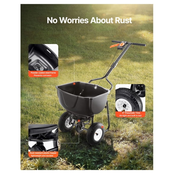 Walk Behind Spreader 60 LBS Capacity Push Broadcast Spreader with Adjustable Width and 8 Inch Tires for Lawn Seed Fertilizer