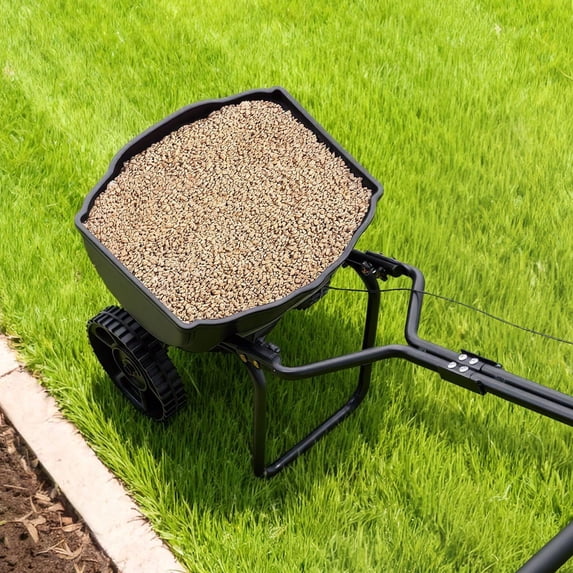 Walk-Behind Spreader, 9.8ft Spreading Width, Push Broadcast Spreader with 10" All-Terrain Tires, Adjustable Flow Control, 15lbs Capacity Hopper, Lawn Spreaders for Fertilizer Seed Small Home Use