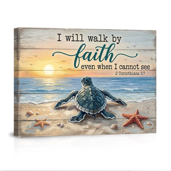 Walk By Faith Christian Sea Turtle Beach Sunset 2 Corinthians 5 7 Inspirational Religious Quote Nautical Canvas