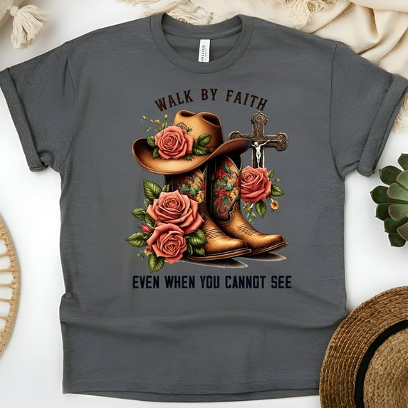 Walk By Faith Christian Western Cowboy Boots and Cross T-Shirt, Dark Heather, Size 3XL