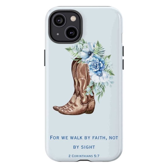 Walk By Faith Phone Case, Cowboy Boot Blue Floral iPhone Cover, Christian Western Protective Case for iPhone 17 16 15 14 13 12 11 Pro Plus Mini