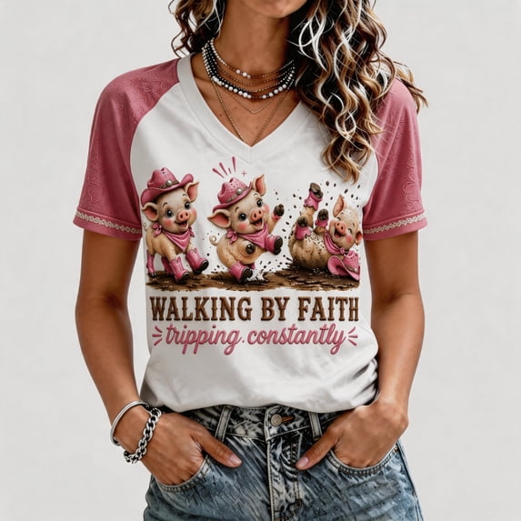 Walking By Faith Tripping Constantly T Shirt For Women Walk By Faith Short Sleeve V Neck Shirts Womens Funny Highland Cow Print Tshirts