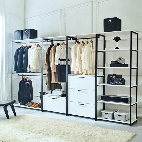 Walk In Closet With Metal Frame - White, Extra Deep Storage Capacity, Water & Heat , Stain Scratch E0 Board White Frame, Space, Rustproof Waterproof, Grade