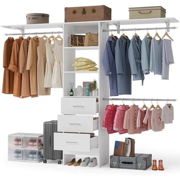 Walk in Closet Organizer System with 3 Extendable Hanging Rods, Built-in Garment Rack with 6 Shelves, Wall Mounted Clothes Organizers Storage Systems for Bedroom$$Home Decor, Kitchen, & Other