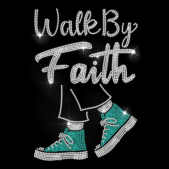 Walk by Faith Rhinestone Iron on Hotfix Transfer White Green Shoes Heat Transfer Decal Walking Feet Iron on Transfers Rhinestone Template Decals for Shirts Jeans Bags