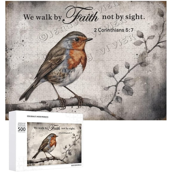 We Walk by Faith Not by Sight Wooden Sign for Home Office Bedroom Kitchen Bathroom Wall Decor 500 PCS Funny Wood Puzzles Robin Bird Wooden Wall Art Decorative Sign 15"x20.5"