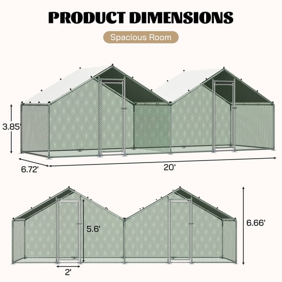 Walk-In Chicken Coop 6x20 ft, Double Peak Metal Poultry Cage with Weatherproof Roof, Small Hex Mesh & Reinforced Wire, Dual-Zone Design for Backyard - Grey