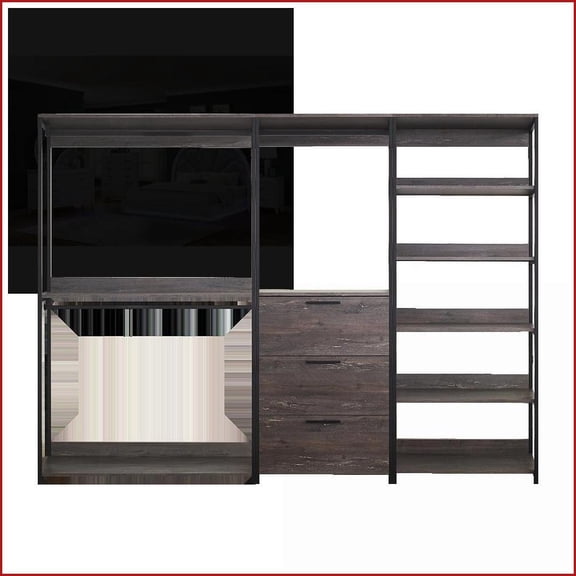 Walk-In Closet System Configurable Organizer with Drawer, Weathered Wood & Black Metal | Wood+Metal | Grey