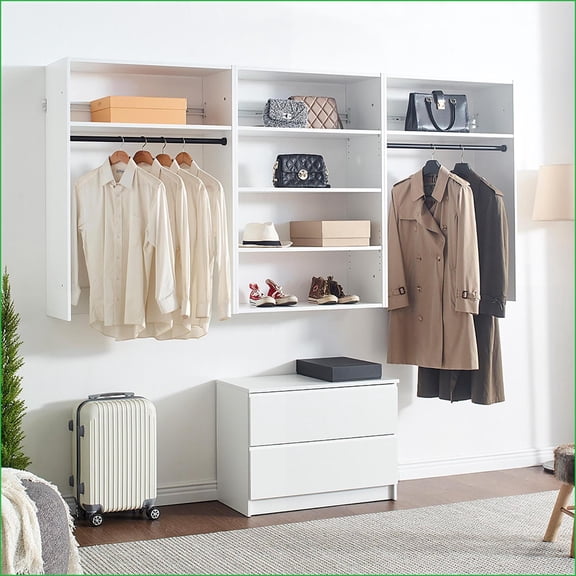 Walk-In Closet System, Devi Modular White Wood Oak Finish | Wall Mounted | White | Wood