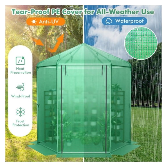 Walk-In Hexagonal Greenhouse - PE Cover & Metal Frame - Extended Season Plant Protection - Garden Grow House with Ventilation & Easy Access