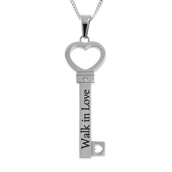Walk In Love Inspirational Key Pendant Necklace with Cubic Zirconia in Steel