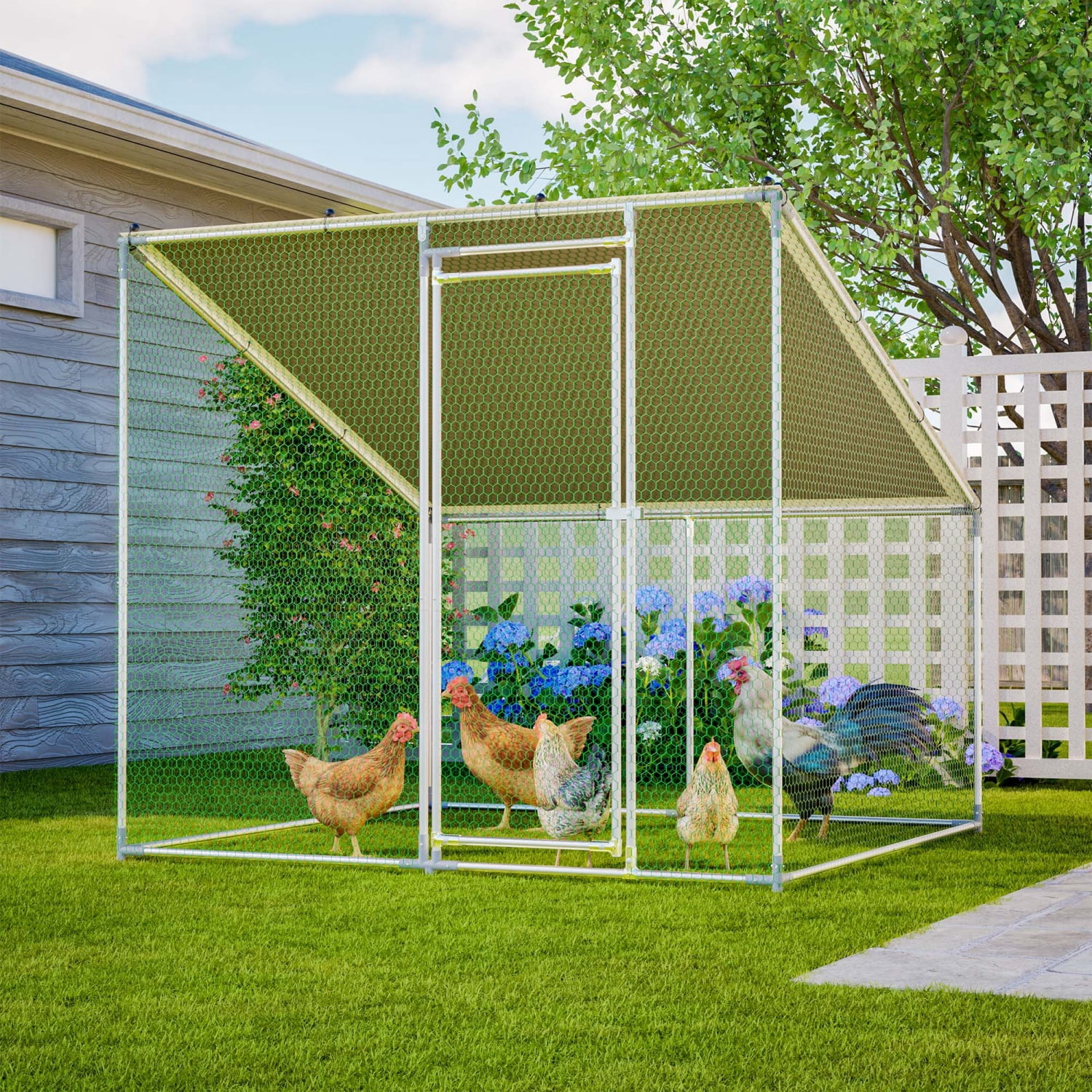 Walk-In Metal Chicken Coop,Slanted Roof,Heavy-Duty All-Weather Poultry Cage with Waterproof & Anti-UV Cover, Stable Outdoor Run for Yard with Spring Button Connectors & Reinforced Mesh