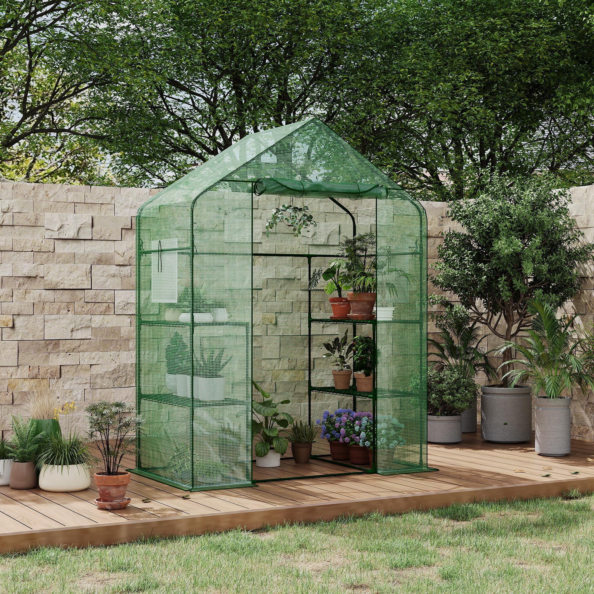Walk-In Mini Greenhouse – Portable Outdoor Greenhouse with 3 Tiers & 4 Shelves, Thickened PE Cover, Steel Frame & Roll-Up Zipper Door for Seedlings, Flowers, Vegetables on Patio