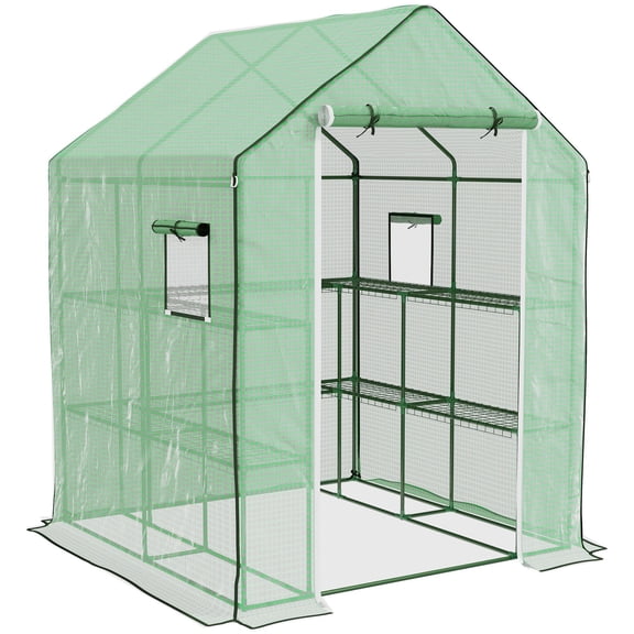 Walk-In Portable Greenhouse with Shelves, 4.6 x 4.7 Outdoor Green House for Plants, Water/UV Resistant Steel Frame, Roll Up Door & Windows, Green