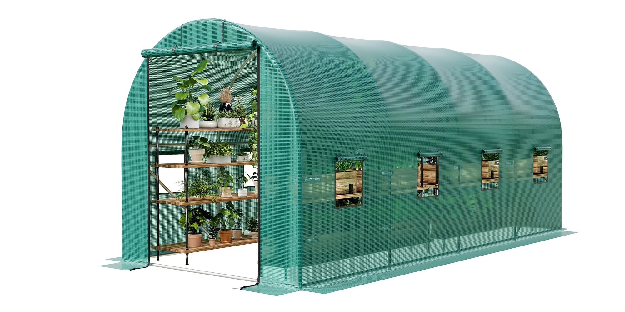 Walk-In Tunnel Greenhouse 15×7×7 FT – Heavy Duty Outdoor Greenhouse with Galvanized Steel Frame, Thick PE Mesh Cover, 8 Roll-Up Mesh Windows & Zipper Door for Backyard Gardening