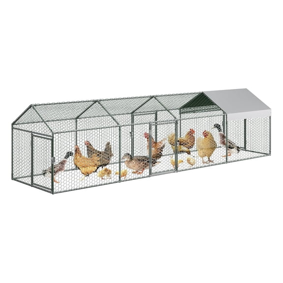 Walk In Spacious Metal Chicken Run Coop, Silver Round Tube Outdoor Poultry Cage with Waterproof Anti-UV Protective Cover, 4 Compartments 4 Lockable Doors, Large Backyard Habitat for Chicken