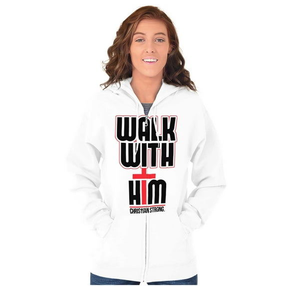 Walk With Him Jesus Christ Faith Zip Up Hoodie Men's Women's Brisco Brands S