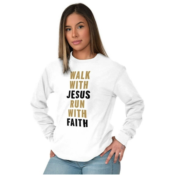 Walk With Jesus Christ Run Religious Long Sleeve TShirt Men Women Brisco Brands S