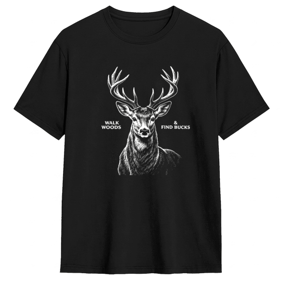 Walk Woods & Find Bucks Deer Retro Graphic Tee For Men, Hunting Outdoor Cotton Short Sleeves T-Shirt