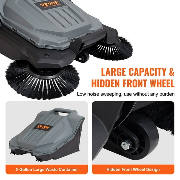 Walk-behind Hand Push Floor Sweeper, 25.6" Sweeping Width Floor Sweeper Manual Non-Electric, 5-Gallon Waste Container, Angle & Height Adjustable Folding Handle for Walkway, Yard, Garage, Patio