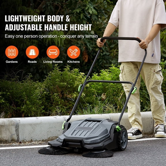 Walk-behind Hand Push Floor Sweeper, 25.6" Sweeping Width Floor Sweeper Manual Non-Electric, 5-Gallon Waste Container, Angle & Height Adjustable Folding Handle for Walkway, Yard, Garage, Patio