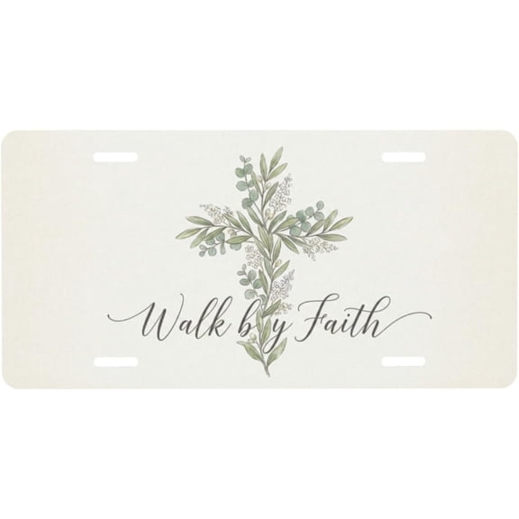 Walk by Faith License Plate Christian Cross Floral, 6x12 Aluminum Religious Inspirational Decor