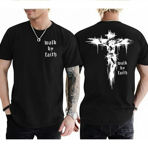 Walk by Faith T-shirt – Vintage cross design and Christian religious patterns. For men and women.