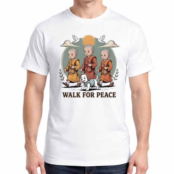 Walk for Peace T-Shirt – Zen Minimalist Monk & Dog Art Tee – Spiritual Calm Meditation Gift for Men & Women