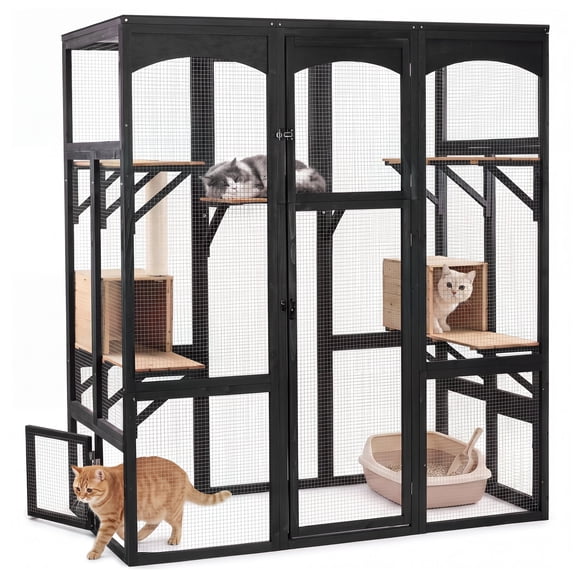 Walk-in Catio, Indoor & Outdoor Wooden Cat Enclosure with Window Access, Multi-Level Playground, PVC Roof