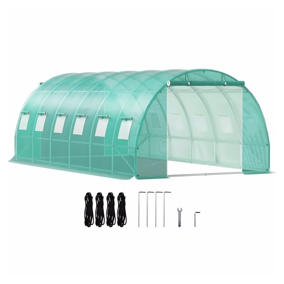 Walk-in Greenhouse 20x10x7ft - Portable Plant Tunnel with Galvanized Steel Frame, 12 Roll-up Windows & 2 Doors - Green