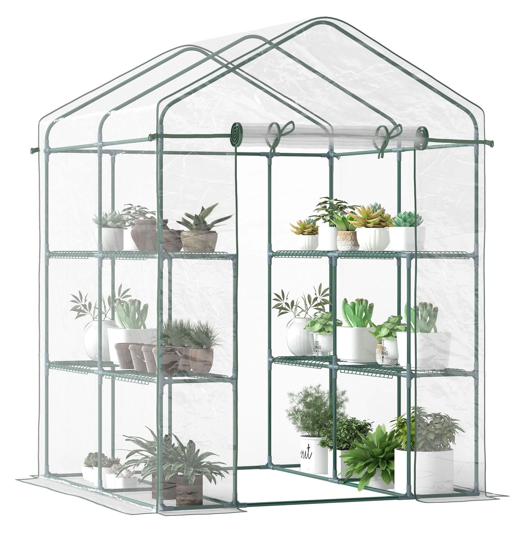 Walk-in Greenhouse 5'x5'x6', Portable Hot House with Shelves & Roll-Up Door, Outdoor Garden Greenhouse for Year-Round Growing