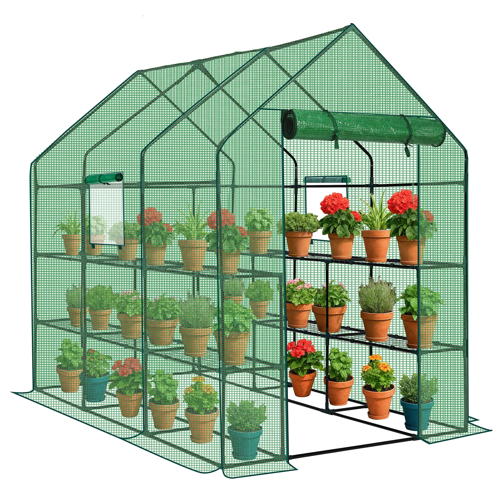 Walk-in Greenhouse 56×85×77 in, 12-Shelf Plant Green House with Roll-Up Zipper Door & Side Windows, Powder-Coated Steel Frame, Weather-Resistant PE Cover for Backyard Patio Garden