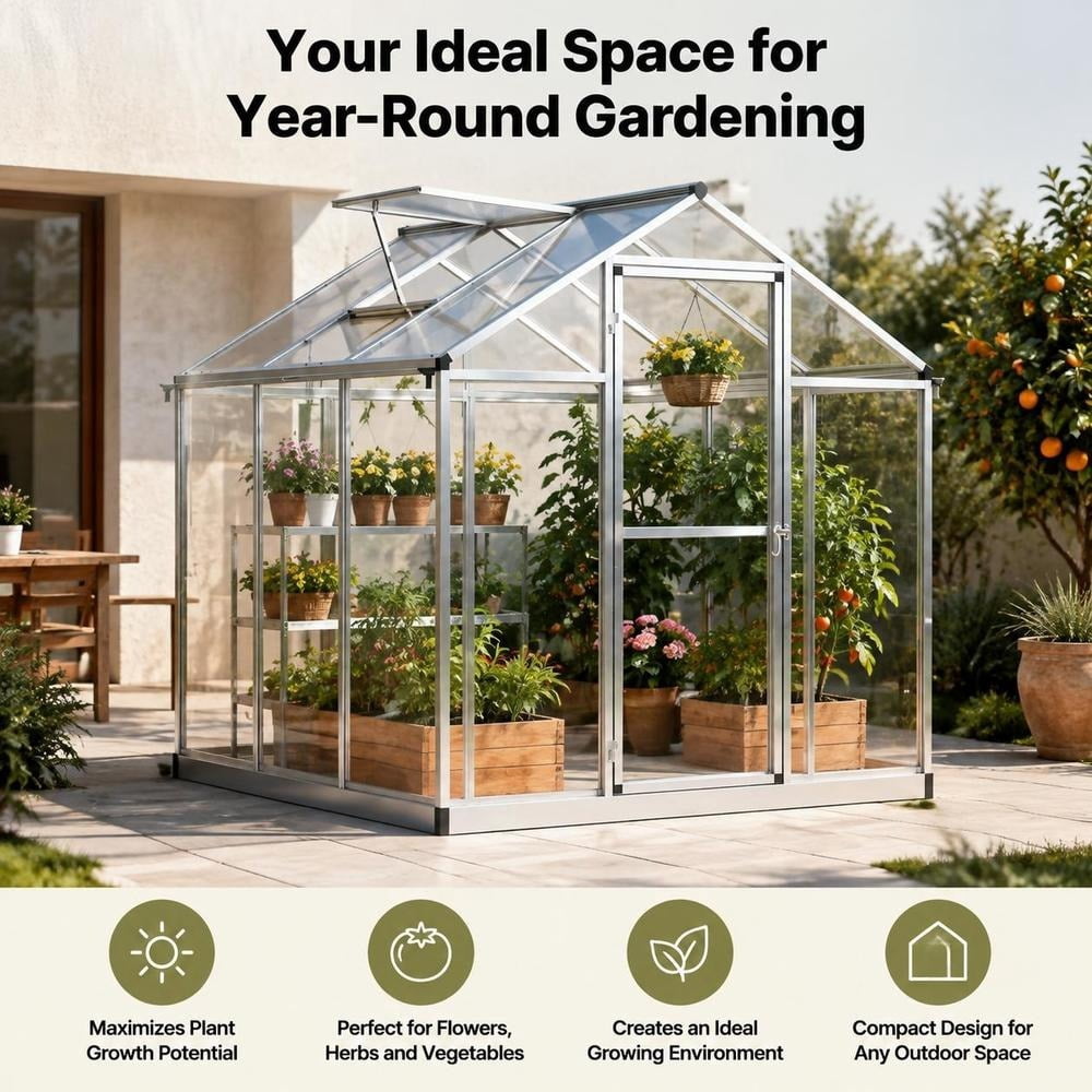 Walk-in Greenhouse, 6' X 6', Polycarbonate Panels, Aluminum Frame, Roof ...